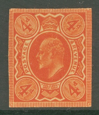 1902 4d Imperf Plate Proof in Orange on poor quality Buff paper.