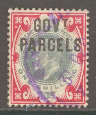 1902 Govt Parcels  1/- Dull Green + Carmine. SG 078  A Good Used example. Cat £300