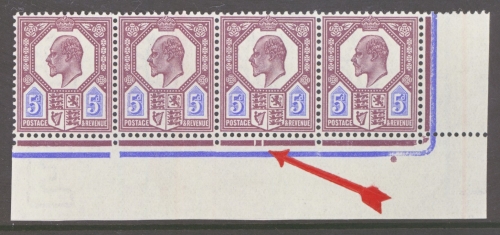 1911 5d Dull Reddish Purple + bright Blue SG 293. A Fresh Mint Corner Strip of 4 with Date Cut. (3 are U/M)  