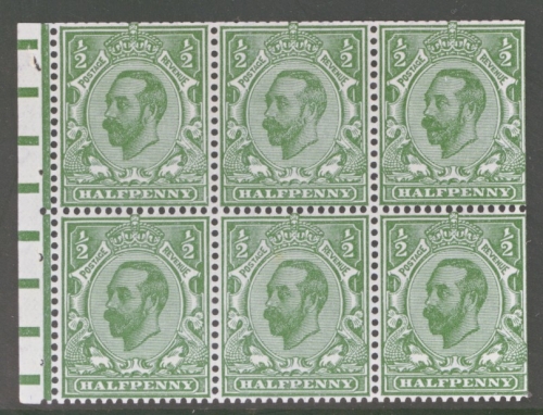 1912 ½d Green Booklet Pane with Watermark Upright  SG 335a  A Fresh U/M pane with Average perfs. Cat £500