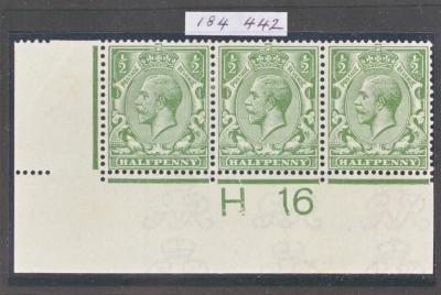 1912 ½d Pale Olive Green H16 corner Control strip of 3  SG Spec N14 (13) Fine M/M with RPS Cert