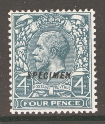 1912 4d Grey Green overprinted Specimen Type 23. SG 379s. A Fresh U/M example. Cat £125 as M/M