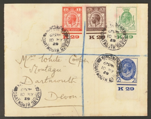 1929 PUC set of 4 with each having K29 Control on a plain FDC cover with Dartmouth CDS. Missing reverse flap and lightly soiled - Stain