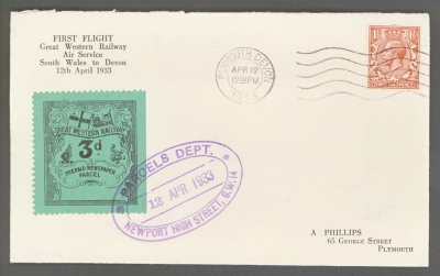 1933 12th April Great Western Railway Air Services First Flight - South Wales to Devon with 3d PrePaid Newspaper Parcel …