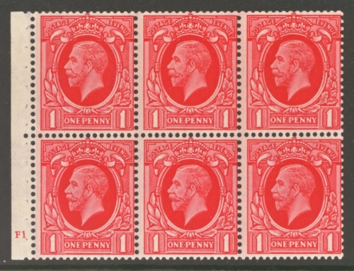 1934 1d Scarlet Intermediate Format Booklet Pane of 6 with CYL F1  SG Spec NB22a  A Fresh U/M example with good perfs. Cat £350