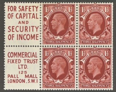 1934 1½d Red Brown x 4 + 2 Labels intermediate format booklet pane 6 with upright watermark. SG Spec NB25a  A Fresh M/M example. Cat £700