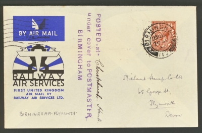 1934 20th Aug 1st UK Air Mail by Railway Air Services Ltd - Birmingham - Plymouth