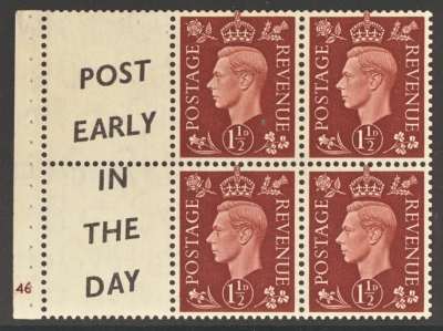 1937 1½d Red Brown Booklet pane with Cyl 46 SG 464b Superb Fresh U/M