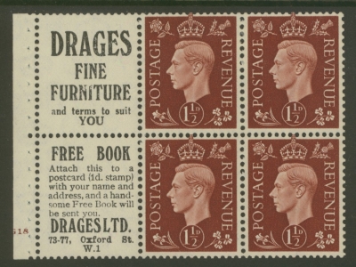 1937 1½d Red Brown x 4 + 2 Labels booklet pane Cyl G18 with Upright watermark. SG 464b  A Fresh M/M example with Good Perfs.