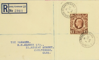 1949 £1 Brown on neat Typed Registered First Day Cover cancelled by a Cheltenham CDS