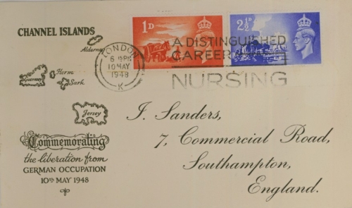 1948 Liberation set on illustrated First Day Cover cancelled by Nursing Career Slogan cancel