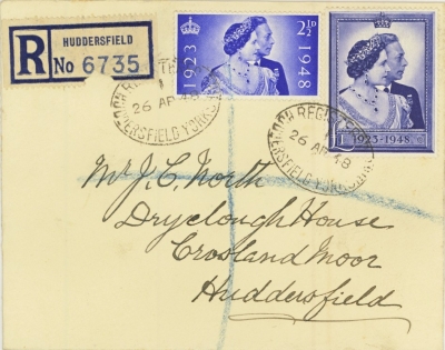 1948 Wedding set on a  FDC cancelled by a Huddersfield oval Registered
