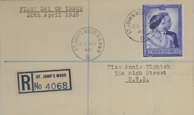 1948 £1 Silver Wedding on neat First Day Cover with Typed adresse cancelled by an St Johns Wood CDS