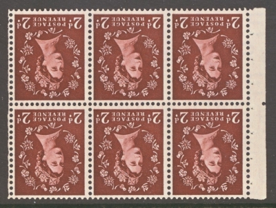 1952 2d Booklet pane of 6 with Inverted Watermark SG 518lwi. A Fresh U/M pane with Good perfs