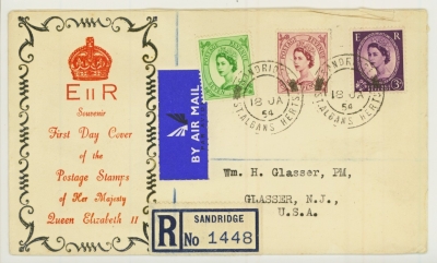 1954 18th July Tudor 3d, 6d + 7d on illustrated FDC with Typed address. Envelope slit open at top