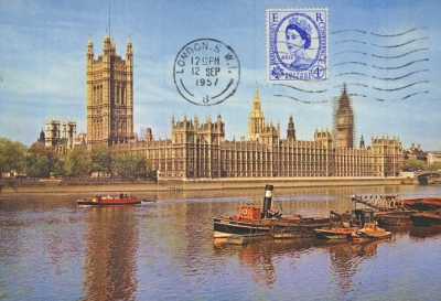 1957 4d Parliament on illustrated Parliament Postcard with London SW1 cancel
