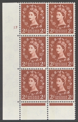1960 2d Red Brown with one Green phos Band SG 613 U/M Cylinder Blocks of 6.