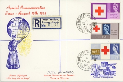 1963 Red Cross ord set on First Day Cover with West Wellow CDS Signed by the Vicar. Cat £125+