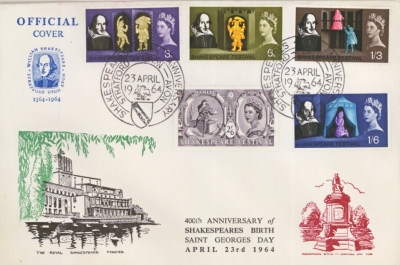 1964 Shakespeare ord on Shakespeare Theatre Official FDC with 400th Anniv Stratford FDI