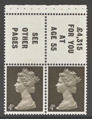 1967 4d Deep Olive brown booklet pane with 6mm shift of phos to right. SG Spec UB13 var
