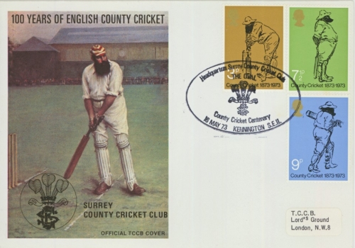 1973 Cricket set on TCCB cover with Surrey CCC The Oval SE11 Handstamp on Official cover