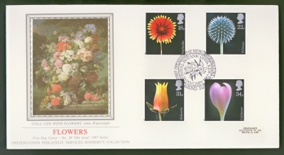 1987 Flowers on PPS Silk cover Botanic Garden Kew FDI