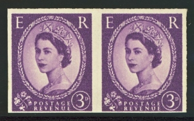 1958 3d Lilac Variety Imperf Pair ex Booklet Pane SG 575v. A fresh U/M pair. Scarce
