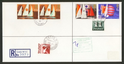 1975 11p To Pay on Registered cover cancelled on the First Day of Issue with Sailing stamps