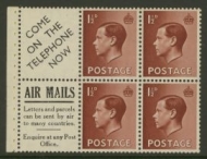 1936 1½d Brown x 4 + 2 printed labels SG  459a Upright