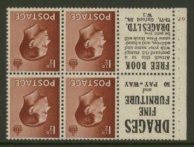 1936 1½d Brown x 4 + 2 printed labels SG  459aw Inverted