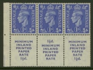 1950 1d Blue x 3 + 3 labels SG 504d  paper rate 15mm Upright 