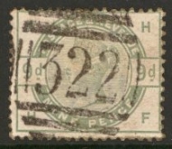 1883 9d Green SG 195 A fine used example neatly cancelled by Gravesend 322 numeral. Cat £480