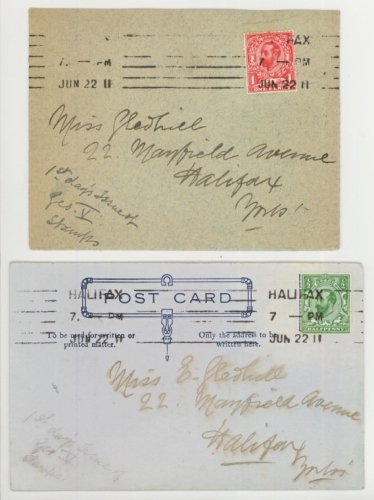 1911 22nd June Downey Head ½d Postcard + 1d Cover  Cancelled on the First Day of Issue by Halifax Machine Cancel.