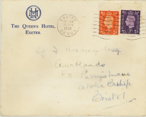1937 2d and 3d Dark colours on cover cancelled on the first day of issue by Exeter Machine cancel. Light toning