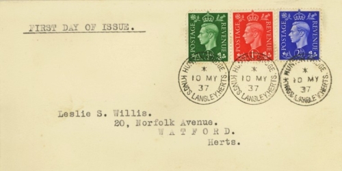 1937 ½d 1d + 2½ Dark colour on a neat cover with Typed address cancelled by a Kings Langley CDS on the first day of issue