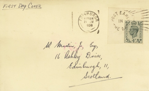 1937 4d Dark Colours corner copy on a neat hand addressed cover cancelled on the first day of issue cancelled by an Edinburgh cancel