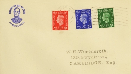 1937 ½d, 1d and 2½ Dark Colours on illustrated FDC with Typed address, cancelled by a Cambridge Machine cancel